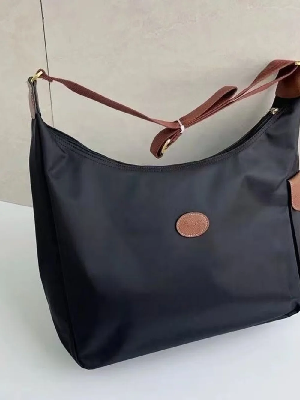 Longchamp Black Nylon Tote with Brown Leather Accents